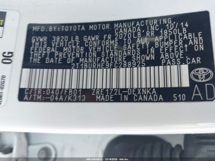 2015 Toyota Corolla Le VIN: 2T1BURHE9FC288925 Lot: 43935512