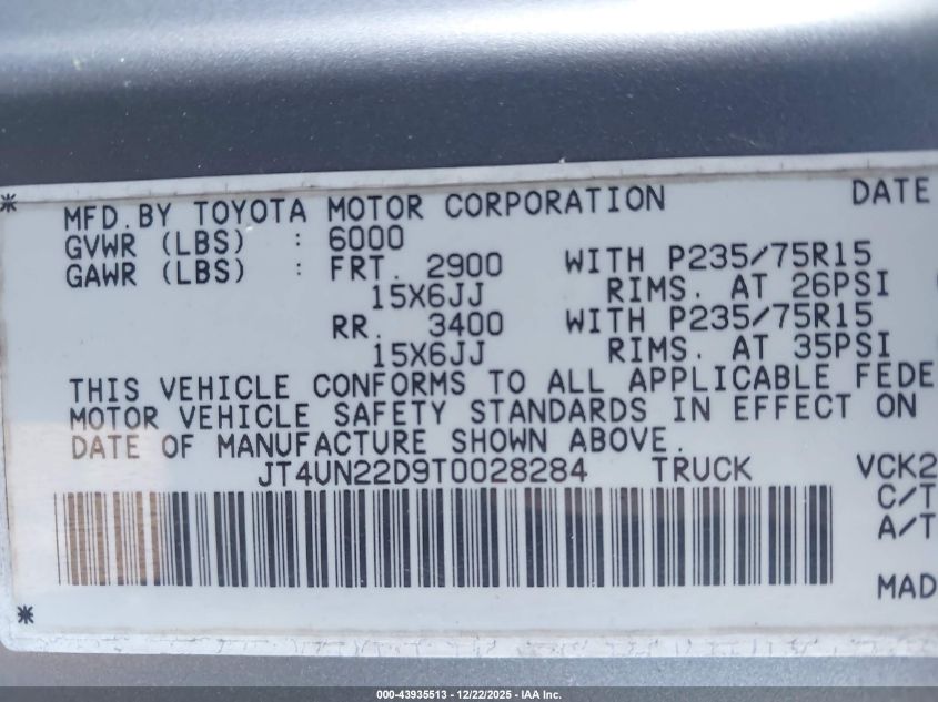 1996 Toyota T100 Xtracab VIN: JT4UN22D9T0028284 Lot: 43935513