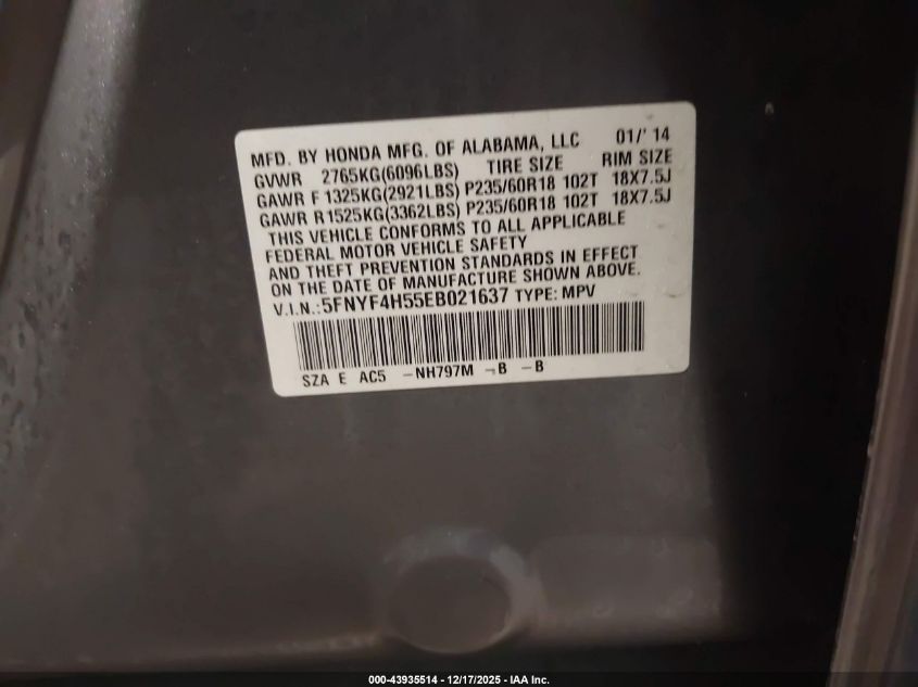 2014 Honda Pilot Ex-L VIN: 5FNYF4H55EB021637 Lot: 43935514