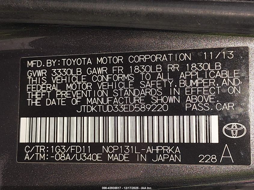2014 Toyota Yaris Se (Tmc/Cbu Plant) VIN: JTDKTUD33ED589220 Lot: 43935517
