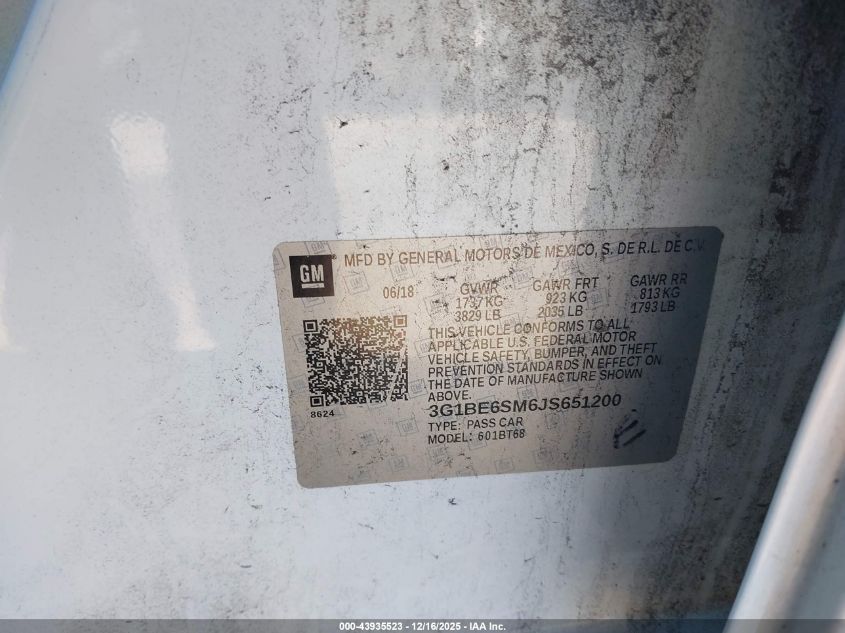 2018 Chevrolet Cruze Lt Auto VIN: 3G1BE6SM6JS651200 Lot: 43935523