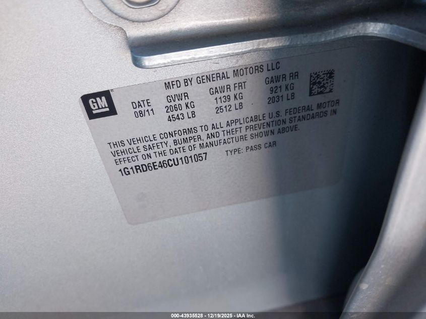 2012 Chevrolet Volt VIN: 1G1RD6E46CU101057 Lot: 43935528