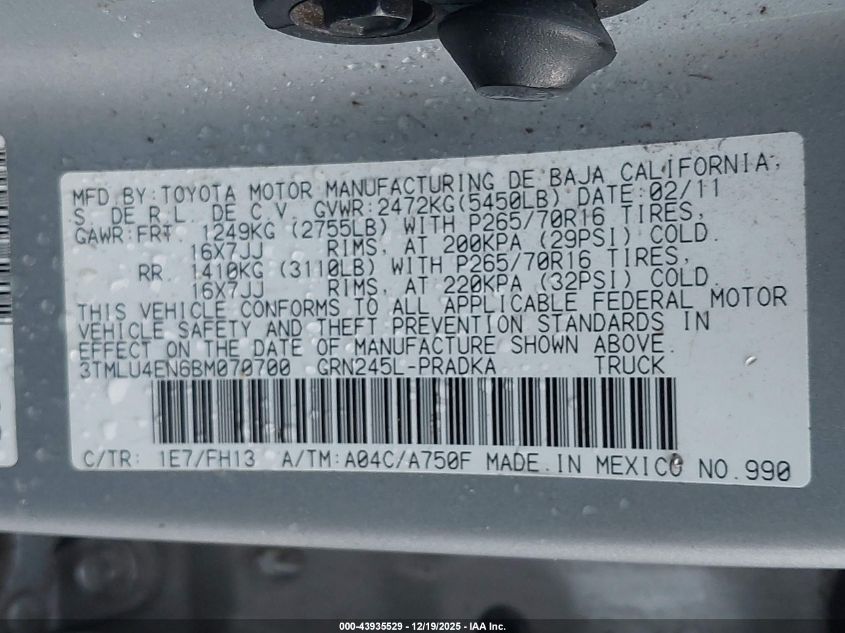 2011 Toyota Tacoma Base V6 VIN: 3TMLU4EN6BM070700 Lot: 43935529