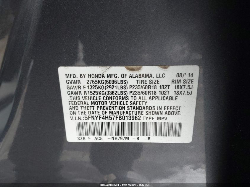 2015 Honda Pilot Ex-L VIN: 5FNYF4H57FB013962 Lot: 43935531