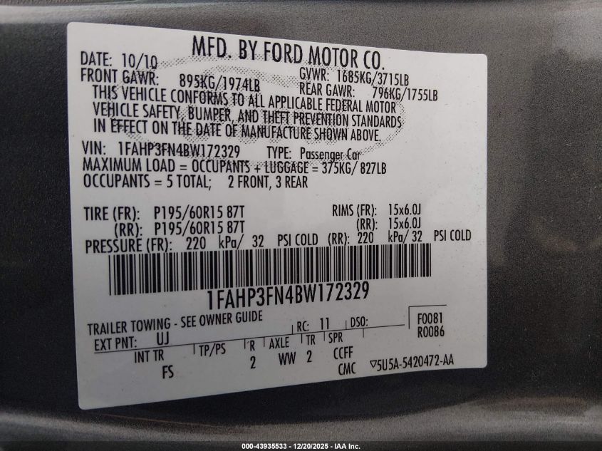 2011 Ford Focus Se VIN: 1FAHP3FN4BW172329 Lot: 43935533