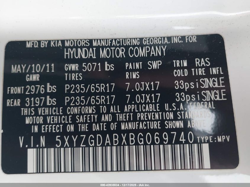 2011 Hyundai Santa Fe Gls VIN: 5XYZGDABXBG069740 Lot: 43935534