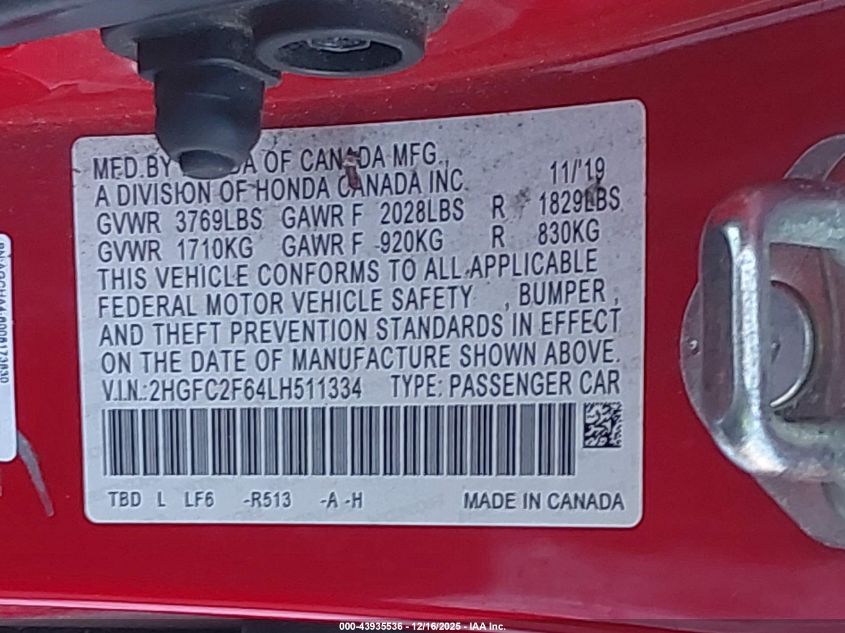 2020 Honda Civic Lx VIN: 2HGFC2F64LH511334 Lot: 43935536