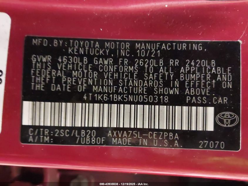 2022 Toyota Camry Xse Awd VIN: 4T1K61BK5N4050318 Lot: 43935538