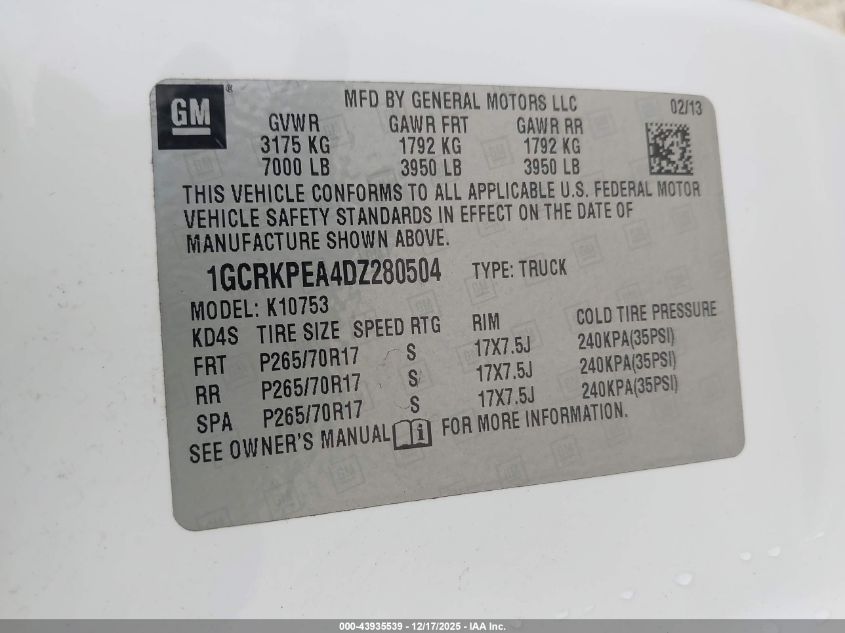 2013 Chevrolet Silverado 1500 Work Truck VIN: 1GCRKPEA4DZ280504 Lot: 43935539