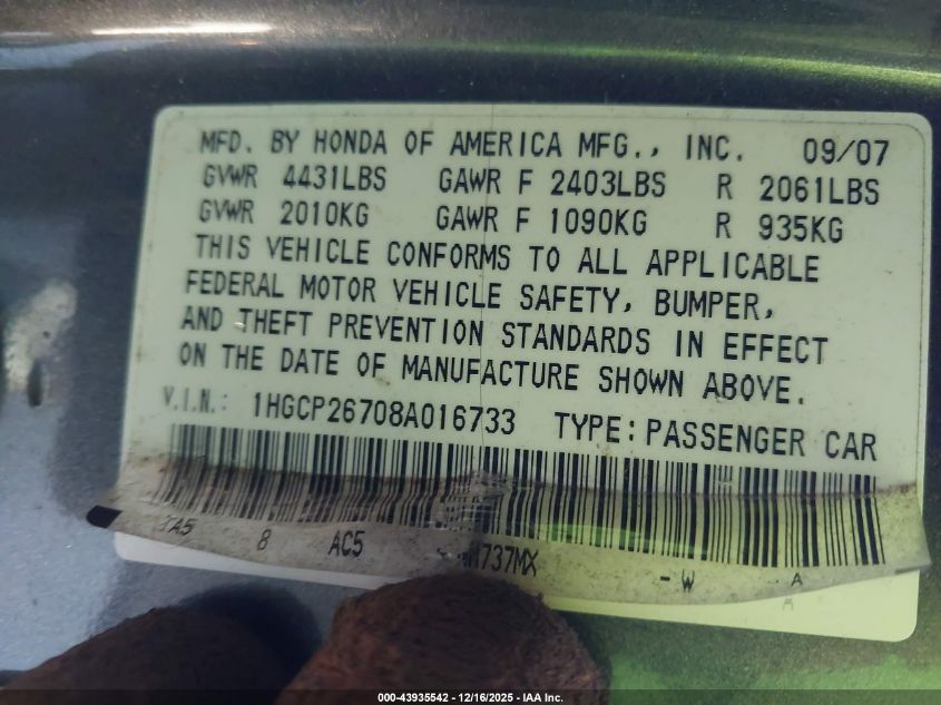 2008 Honda Accord 2.4 Ex VIN: 1HGCP26708A016733 Lot: 43935542