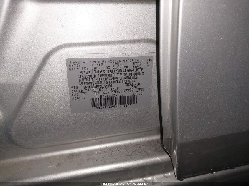 2013 Nissan Sentra Sv VIN: 3N1AB7AP9DL651190 Lot: 43935548