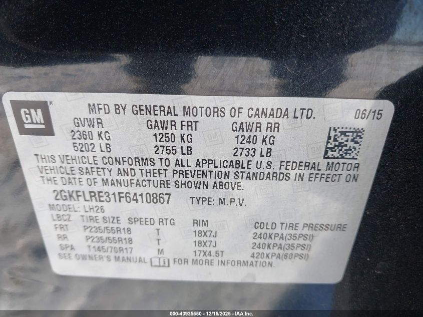 2015 GMC Terrain Sle-2 VIN: 2GKFLRE31F6410867 Lot: 43935550