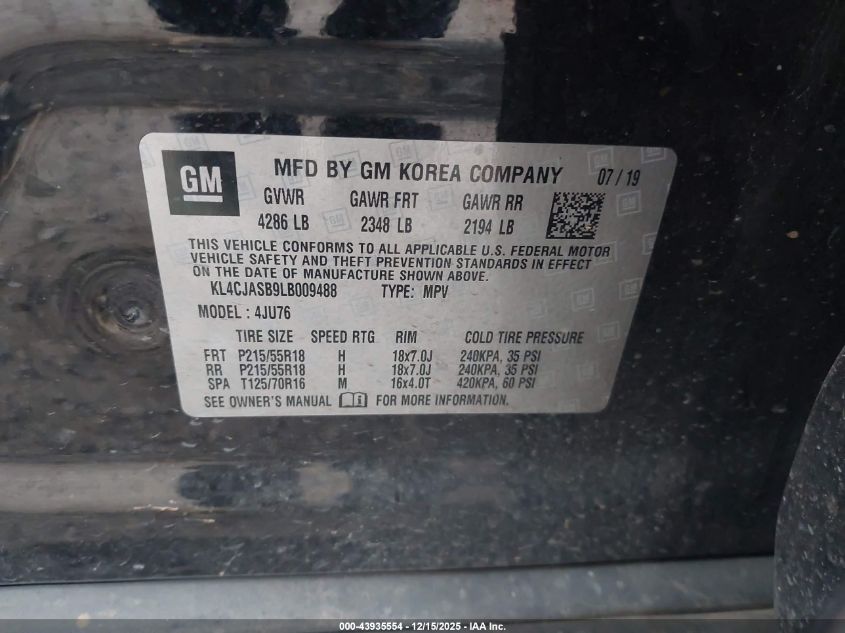 2020 Buick Encore Fwd Preferred VIN: KL4CJASB9LB009488 Lot: 43935554