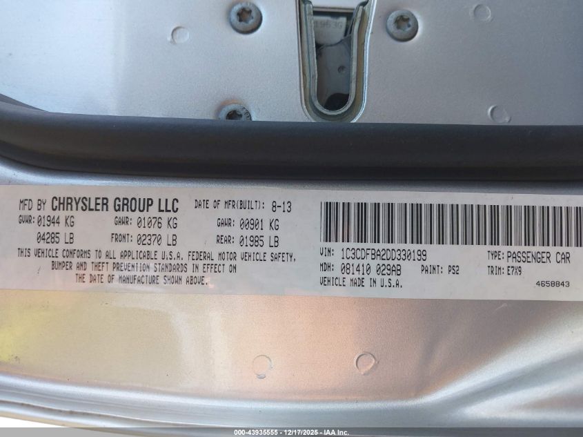 2013 Dodge Dart Sxt VIN: 1C3CDFBA2DD330199 Lot: 43935555