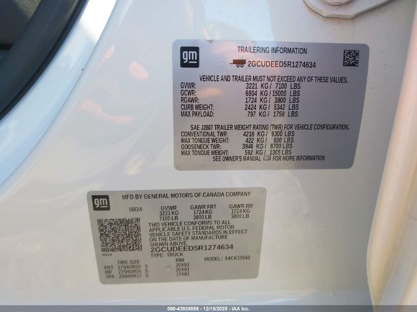 2024 Chevrolet Silverado 1500 4Wd Short Bed Rst VIN: 2GCUDEED5R1274634 Lot: 43935559