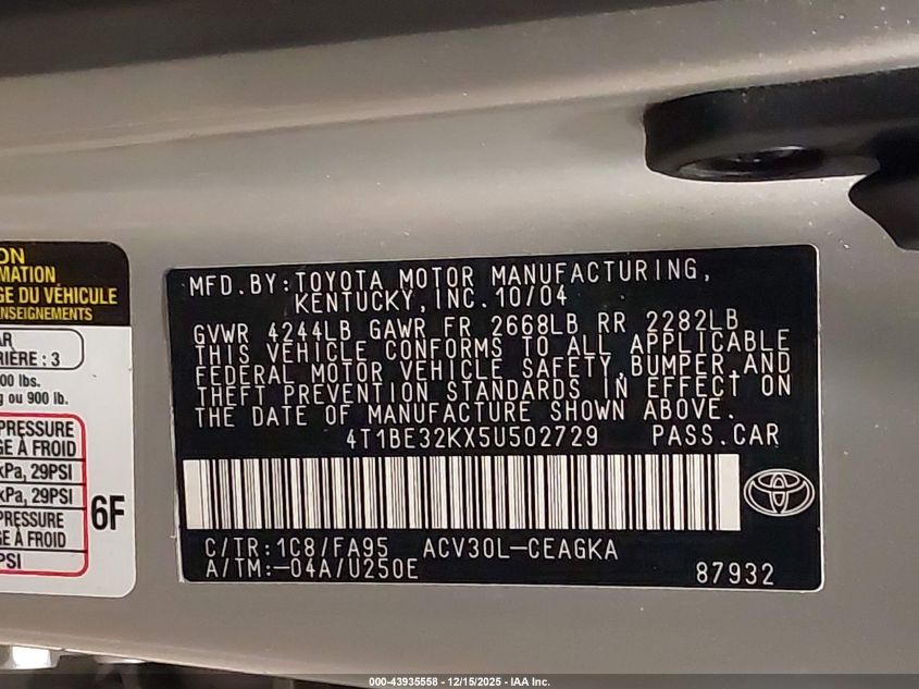 2005 Toyota Camry Xle VIN: 4T1BE32KX5U502729 Lot: 43935558