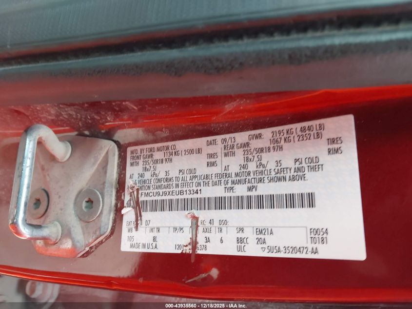 2014 Ford Escape Titanium VIN: 1FMCU9J9XEUB13341 Lot: 43935560