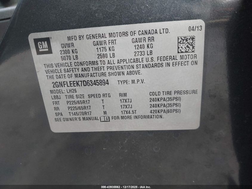 2013 Chevrolet Equinox 1Lt VIN: 2GNFLEEK7D6345894 Lot: 43935562