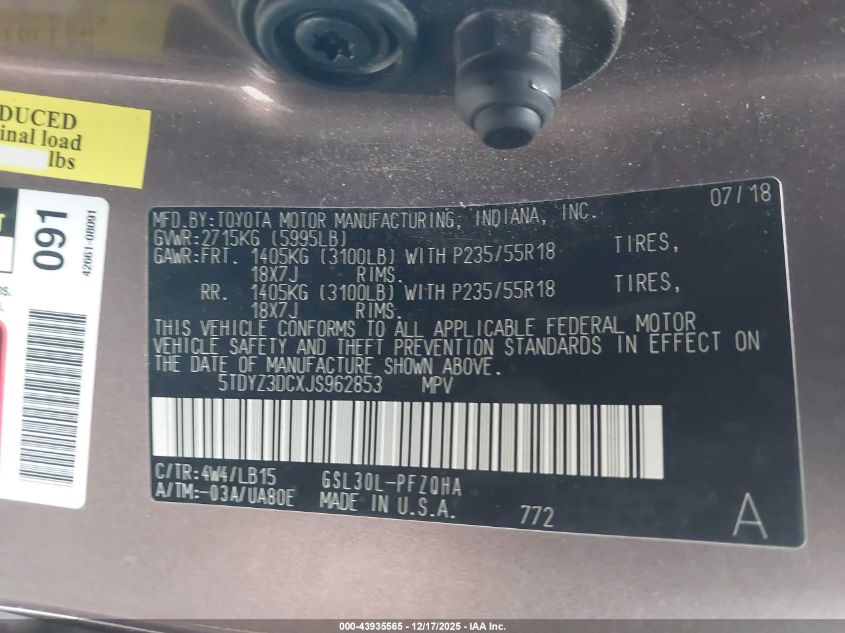 2018 Toyota Sienna Limited Premium 7 Passenger VIN: 5TDYZ3DCXJS962853 Lot: 43935565