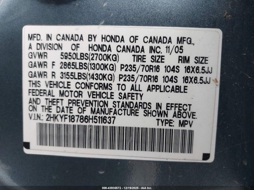 2006 Honda Pilot Ex-L VIN: 2HKYF18786H511637 Lot: 43935572