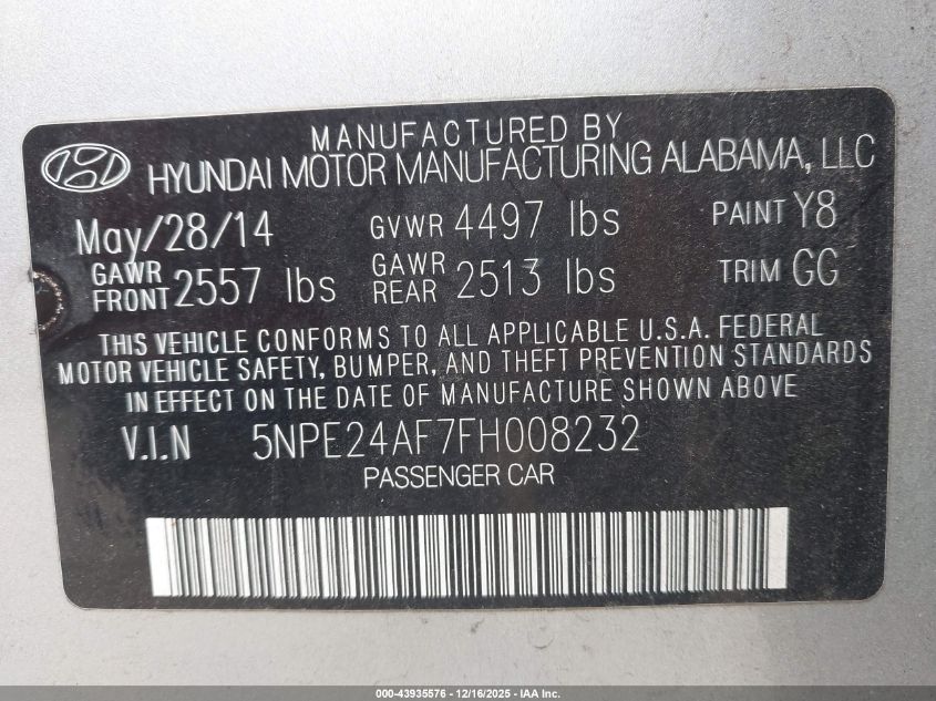 2015 Hyundai Sonata Se VIN: 5NPE24AF7FH008232 Lot: 43935576