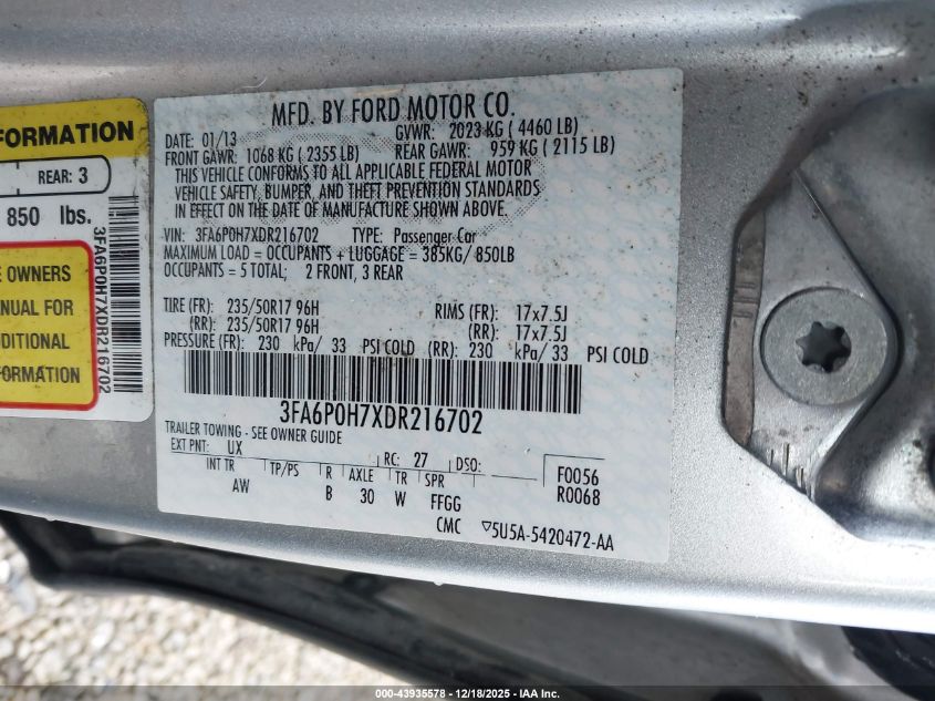 2013 Ford Fusion Se VIN: 3FA6P0H7XDR216702 Lot: 43935578