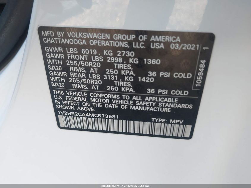 2021 Volkswagen Atlas 3.6L V6 Se W/Technology VIN: 1V2HR2CA4MC573981 Lot: 43935579