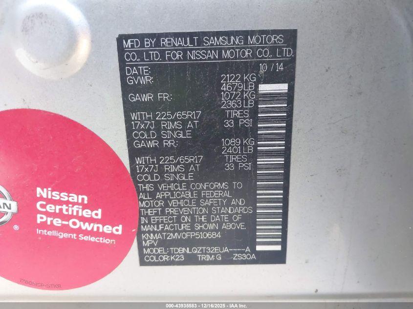 2015 Nissan Rogue Sv VIN: KNMAT2MV0FP510684 Lot: 43935583