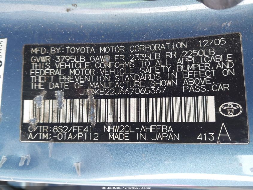 2006 Toyota Prius VIN: JTDKB22U667065367 Lot: 43935584