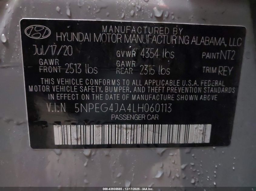 2020 Hyundai Sonata Se VIN: 5NPEG4JA4LH060113 Lot: 43935585
