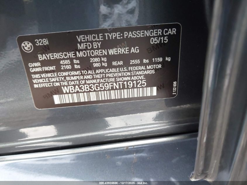 2015 BMW 328I xDrive VIN: WBA3B3G59FNT19125 Lot: 43935586
