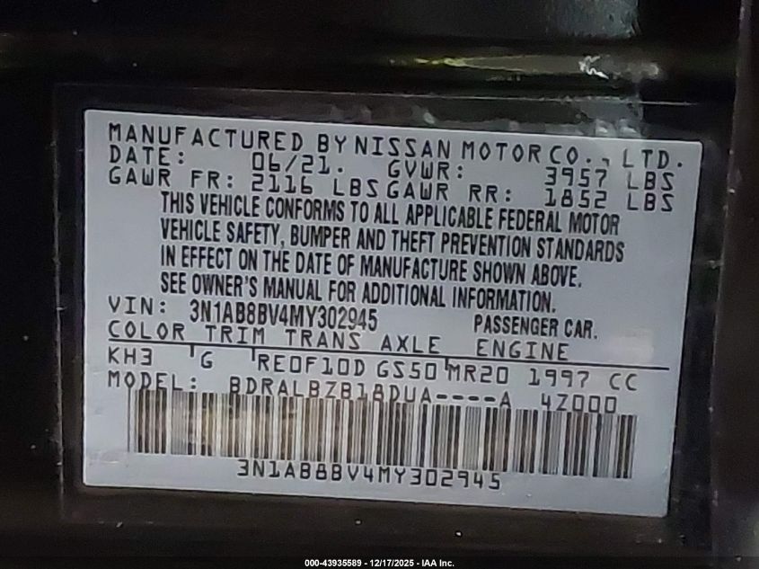 2021 Nissan Sentra S Xtronic Cvt VIN: 3N1AB8BV4MY302945 Lot: 43935589