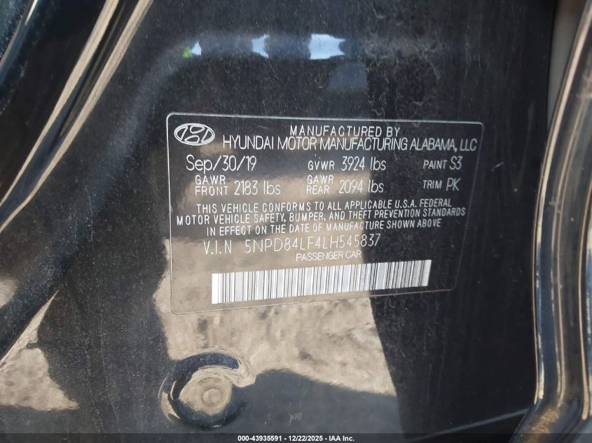 2020 Hyundai Elantra Sel VIN: 5NPD84LF4LH545837 Lot: 43935591