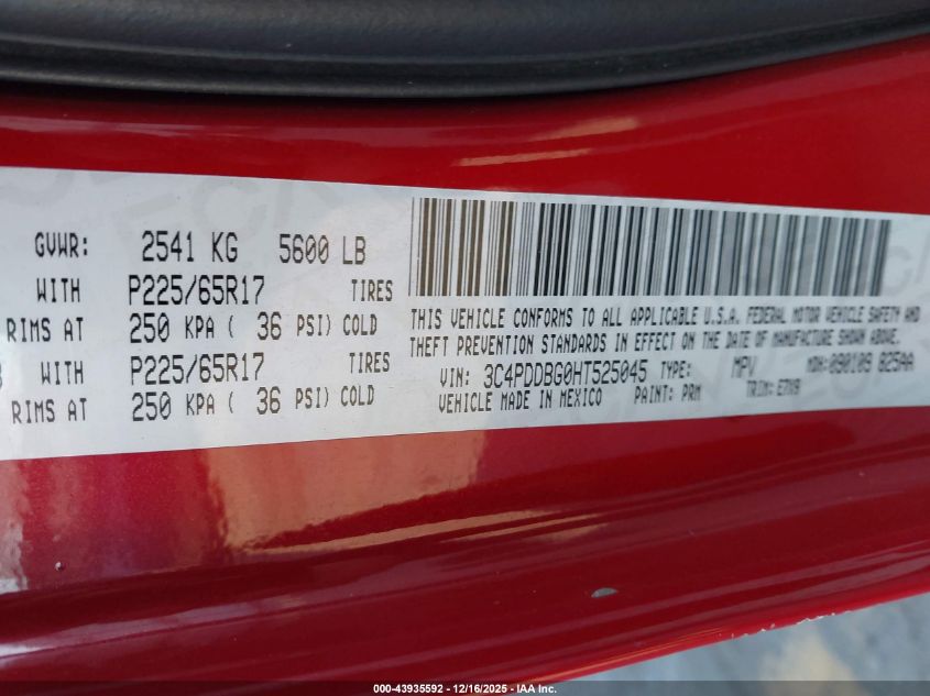 2017 Dodge Journey Sxt Awd VIN: 3C4PDDBG0HT525045 Lot: 43935592