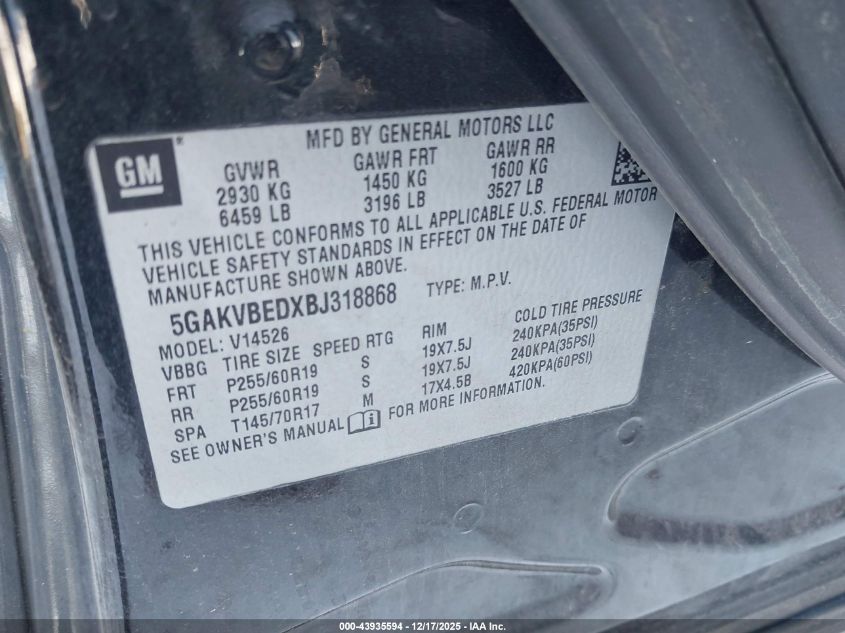 2011 Buick Enclave Cxl VIN: 5GAKVBEDXBJ318868 Lot: 43935594