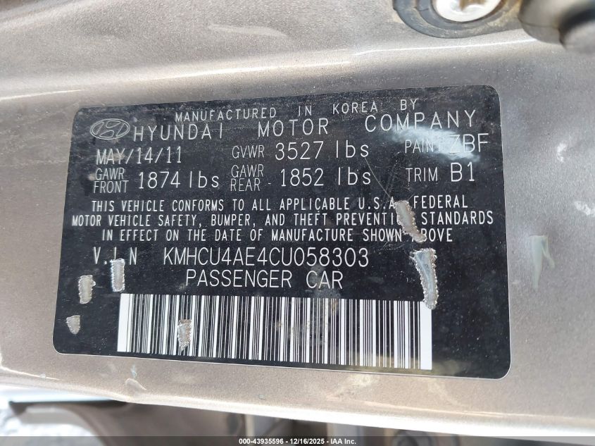 2012 Hyundai Accent Gls VIN: KMHCU4AE4CU058303 Lot: 43935596