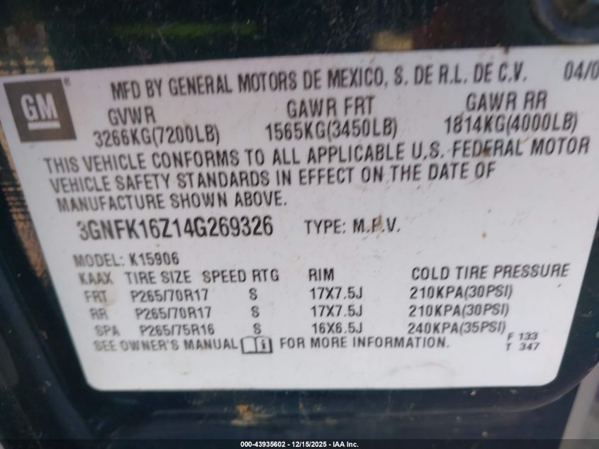 2004 Chevrolet Suburban 1500 Z71 VIN: 3GNFK16Z14G269326 Lot: 43935602