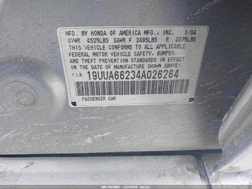 2004 Acura Tl VIN: 19UUA66234A026264 Lot: 43935603
