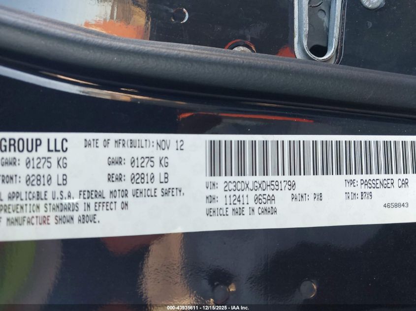 2013 Dodge Charger Sxt VIN: 2C3CDXJGXDH591790 Lot: 43935611