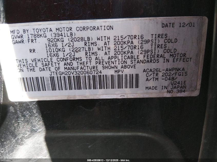 2002 Toyota Rav4 VIN: JTEGH20V320060724 Lot: 43935613