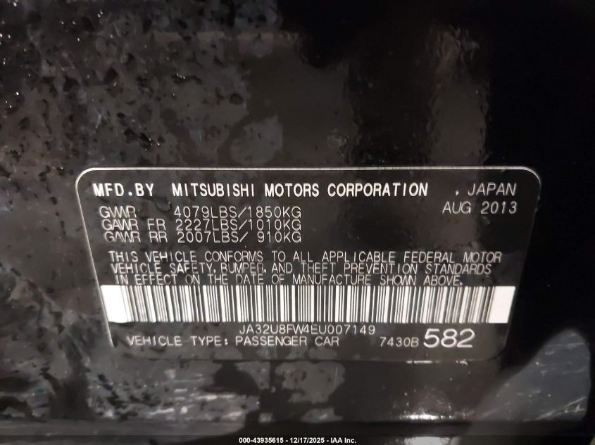 2014 Mitsubishi Lancer Gt VIN: JA32U8FW4EU007149 Lot: 43935615