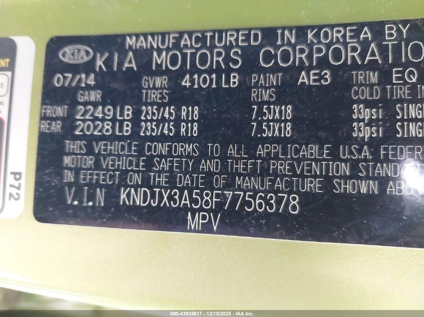 2015 Kia Soul ! VIN: KNDJX3A58F7756378 Lot: 43935617