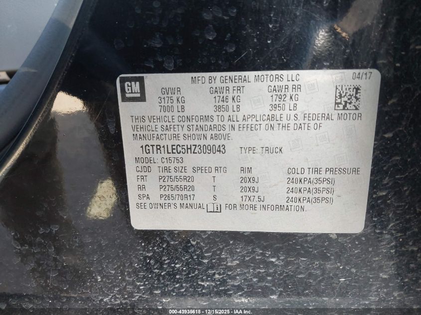 2017 GMC Sierra 1500 VIN: 1GTR1LEC5HZ309043 Lot: 43935618