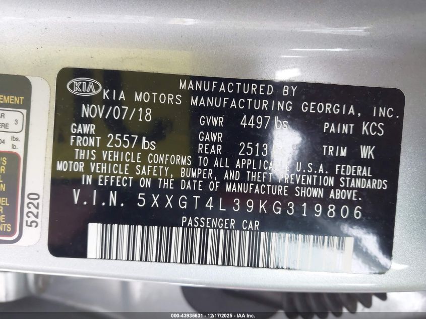 2019 Kia Optima Lx VIN: 5XXGT4L39KG319806 Lot: 43935631