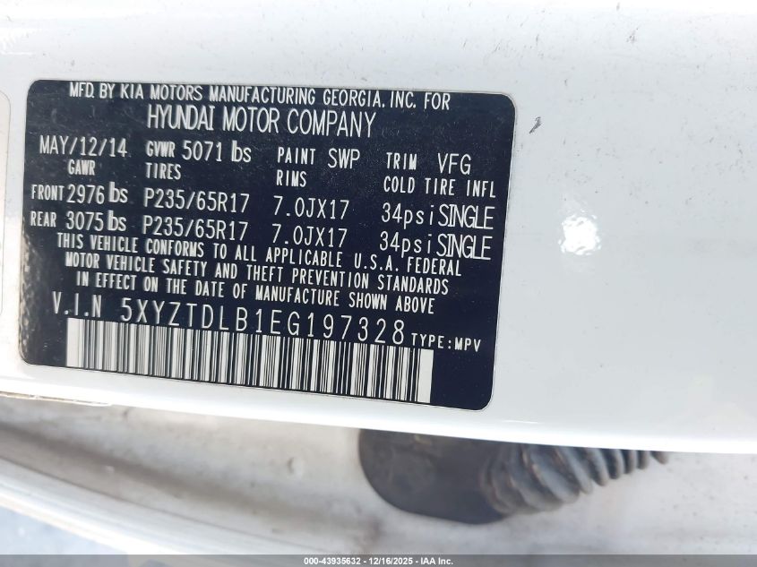 2014 Hyundai Santa Fe Sport 2.4L VIN: 5XYZTDLB1EG197328 Lot: 43935632