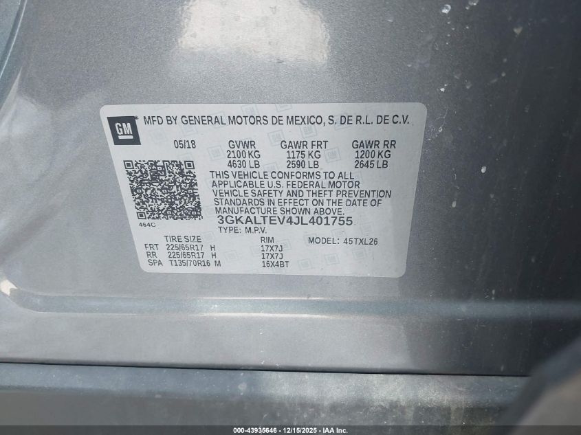 2018 GMC Terrain Sle VIN: 3GKALTEV4JL401755 Lot: 43935646