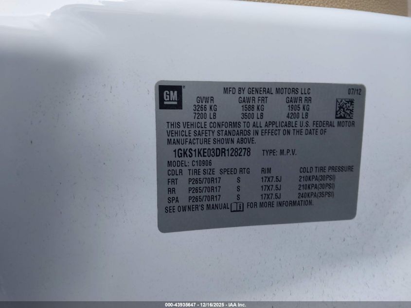 2013 GMC Yukon Xl 1500 Slt VIN: 1GKS1KE03DR128278 Lot: 43935647