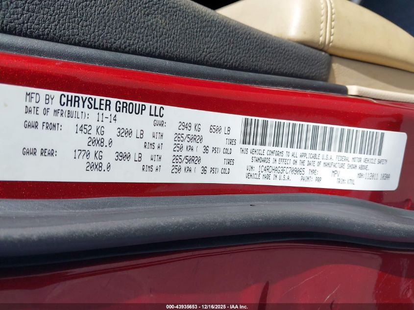 2015 Dodge Durango Sxt VIN: 1C4RDHAG3FC709065 Lot: 43935653