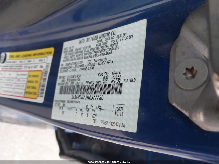 2017 Ford Fusion S VIN: 3FA6P0G72HR377780 Lot: 43935656