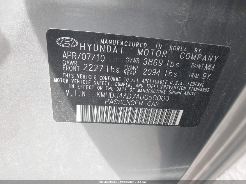 2010 Hyundai Elantra Gls VIN: KMHDU4AD7AU059003 Lot: 43935655